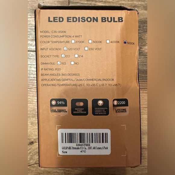 Chandelier LED Edison Bulb 6 Pack 4W 5000K Dimmable Open Box - Picture 3 of 3